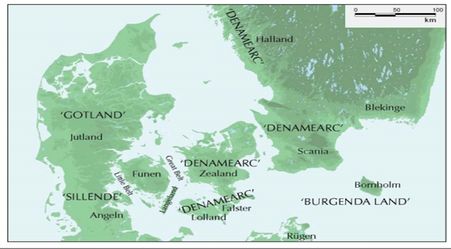 Burgenda Land på et gammelt kort over Danmark.